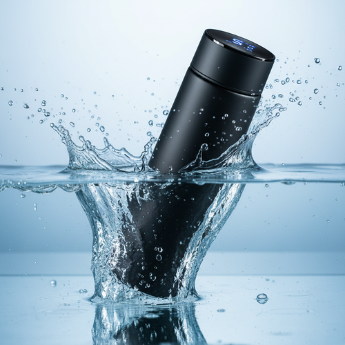 Black water bottle with digital display emerging from water on a light blue background