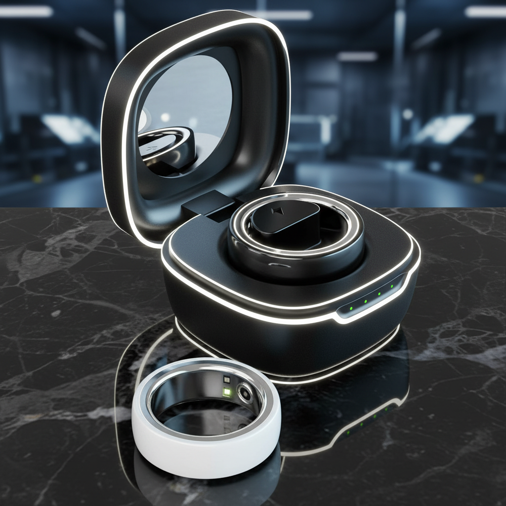 Black and white electronic device with charging case on a dark marble surface